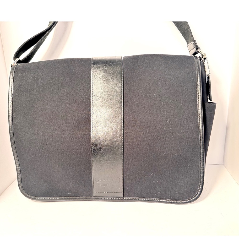Coach transatlantic messenger bag black canvas with leather strip EUC